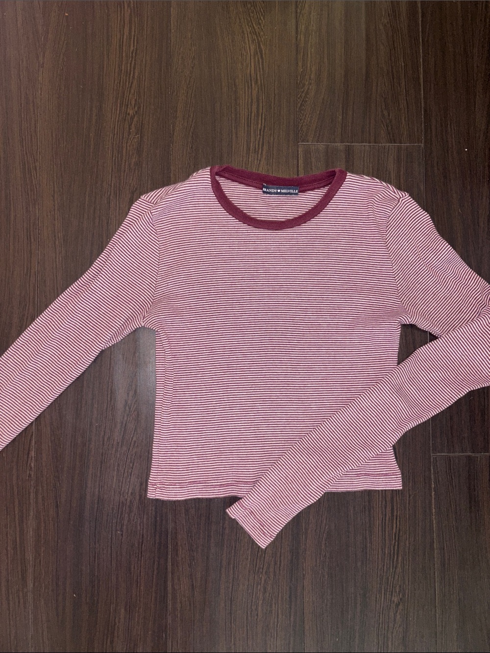 Brandy Melville Burgundy and White Striped Scoop Neck Long Sleeve Crop Top